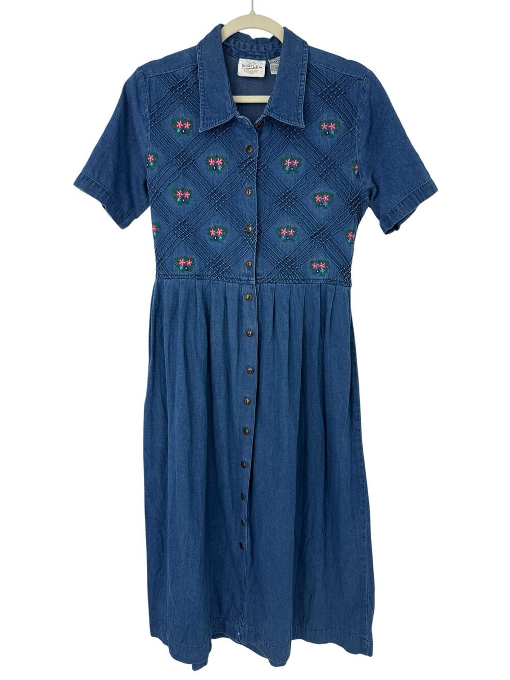 Vintage Bentley Denim Midi Dress Floral Embroidered Prairie Cottagecore Size 8